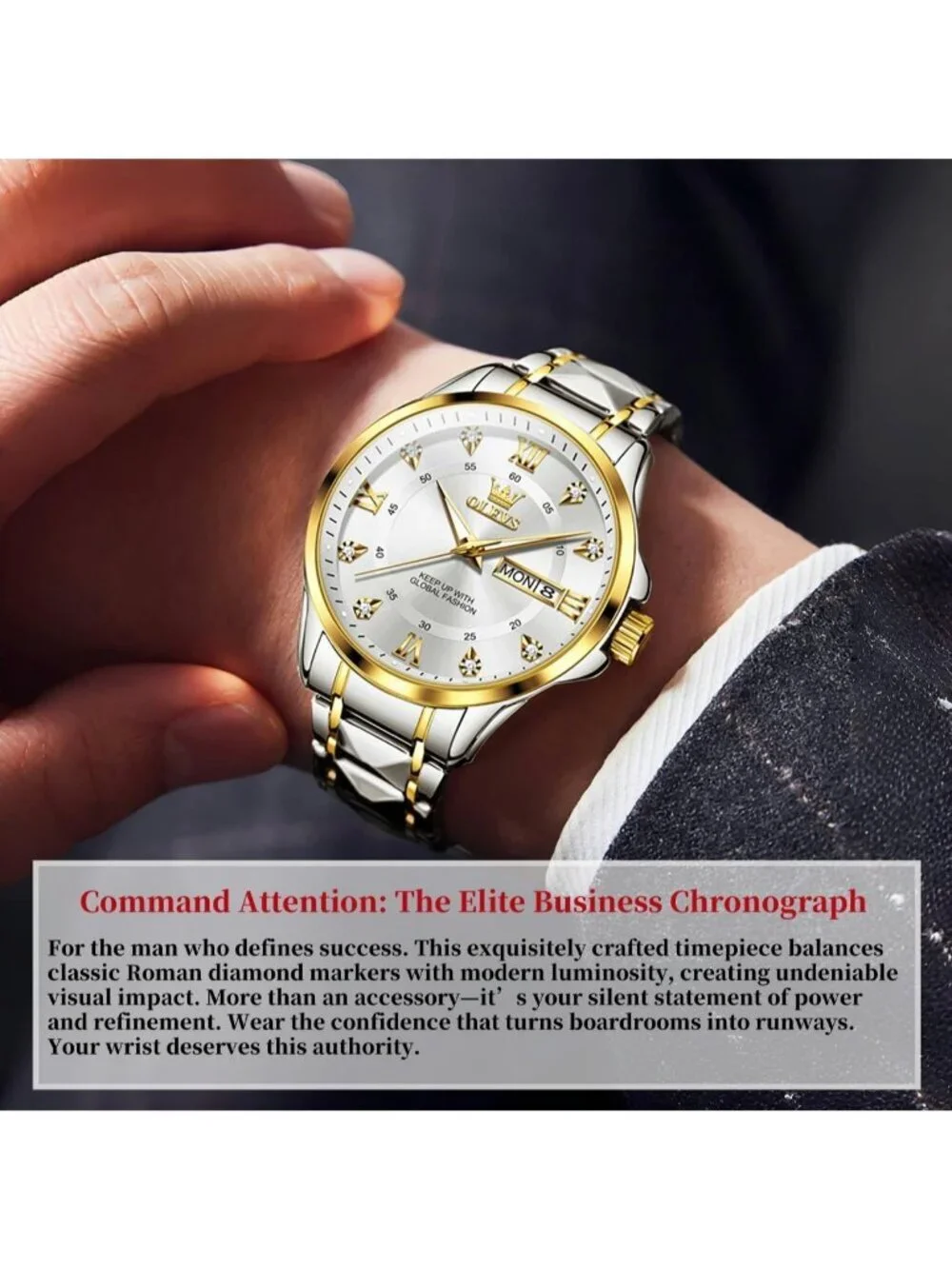 Olevs Men's Silver Gold Stainless White Face Analog Waterproof Luminous Watch